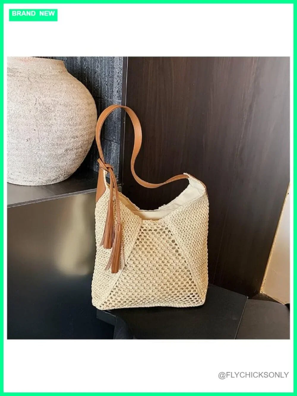 Hollow Crochet Straw Hobo Shoulder Bag with Tassel Decor PU Strap Woven Raffia